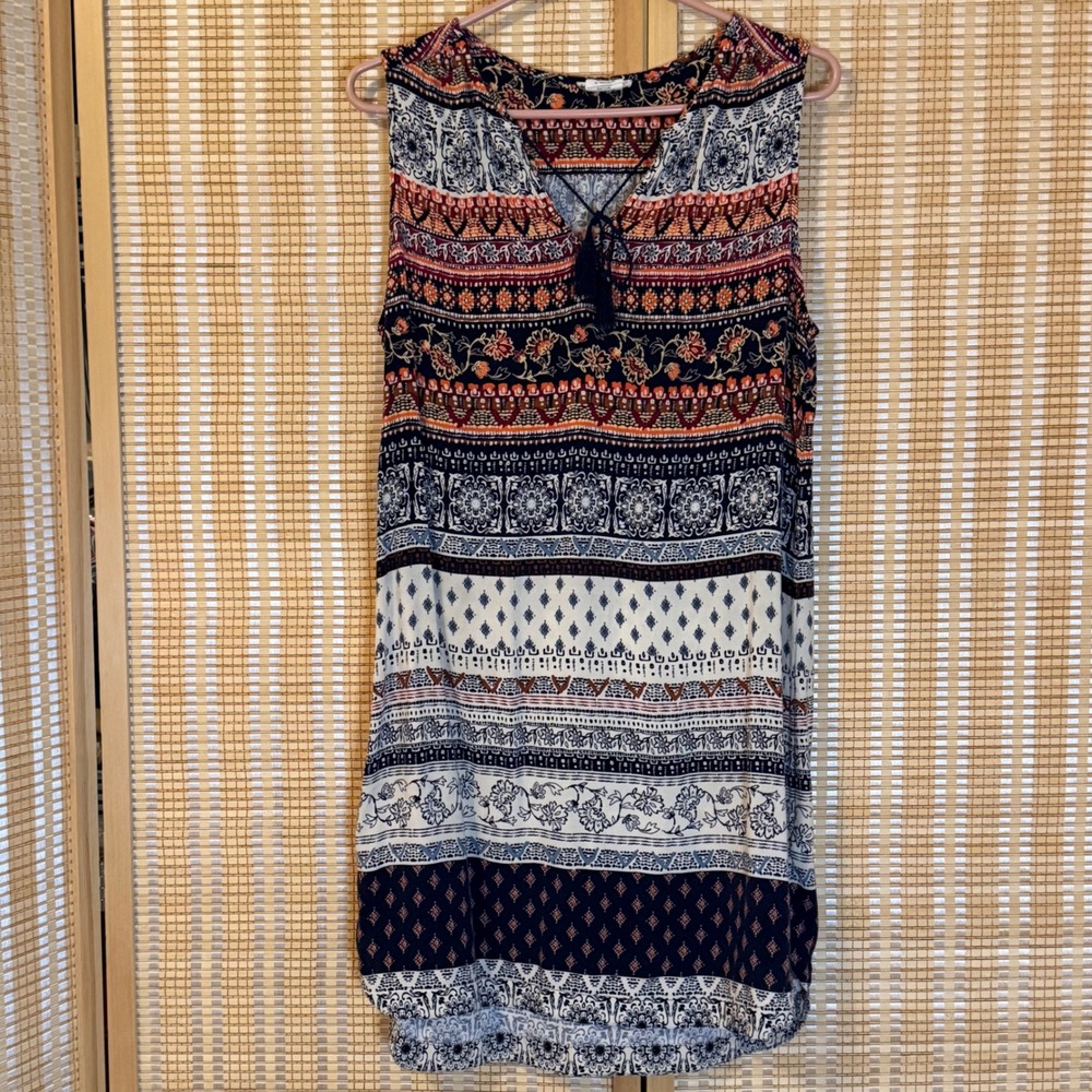 Beachlunchlounge Womens Batik Print‎ Sleeveless Shift Dress Navy Orange Large